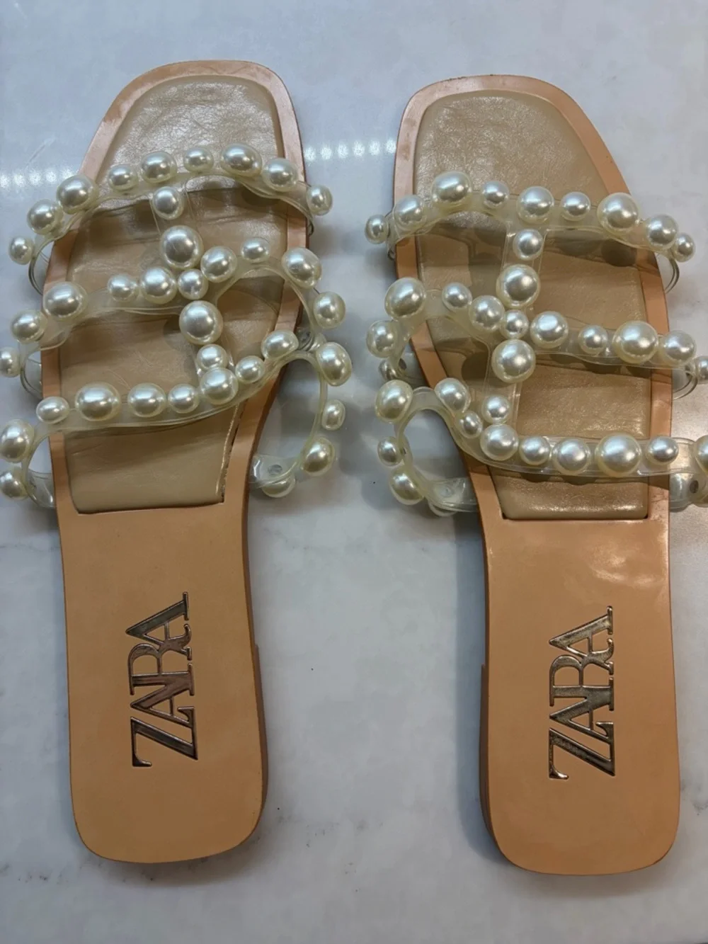 ZARA Clear Pearl-Embellished Women’s Slide Sandals - Beige - Picture 2 of 5